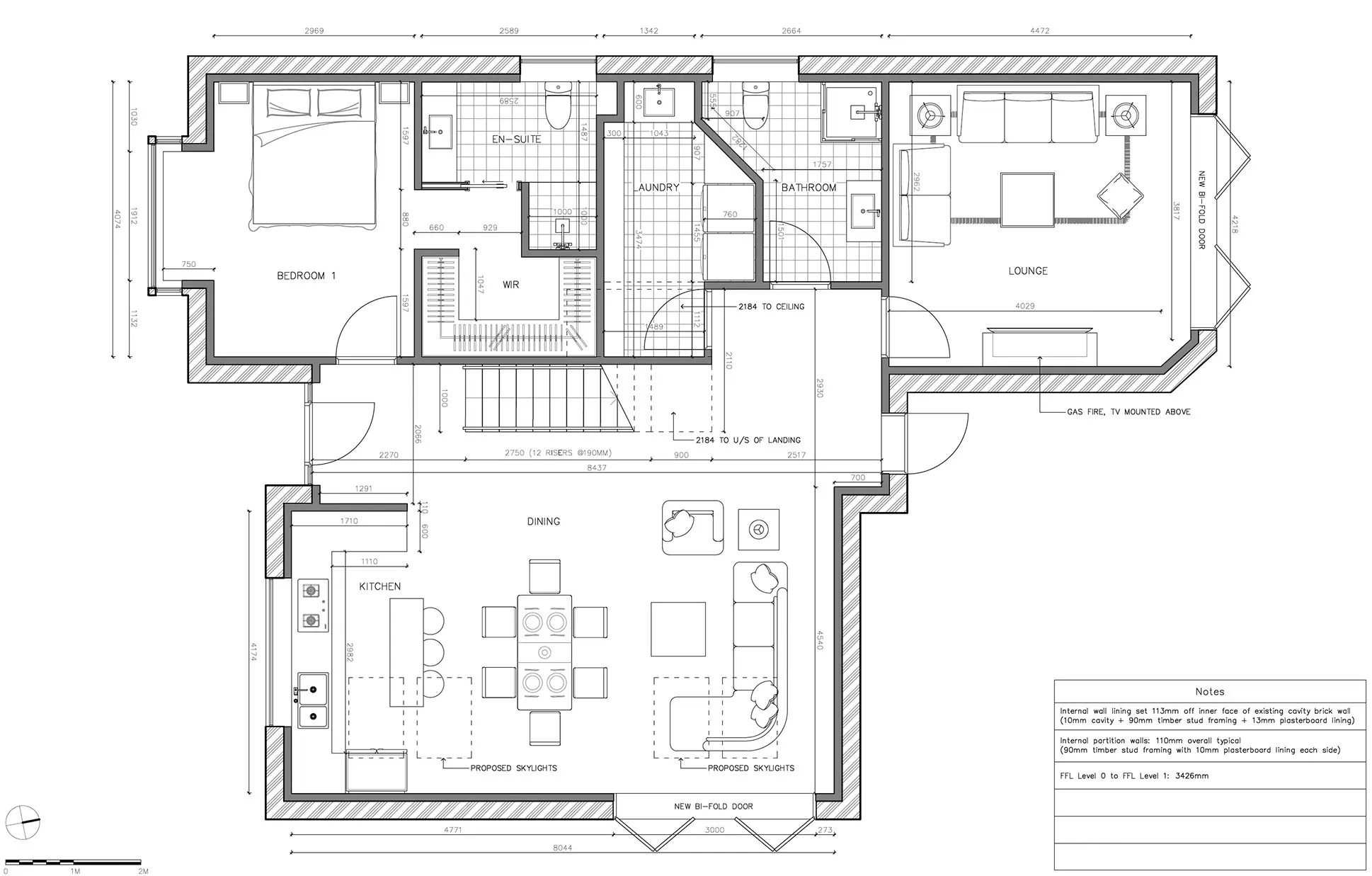 Proposed residential floor plan showing a reconfigured kitchen, dining, lounge, bedrooms and bathrooms