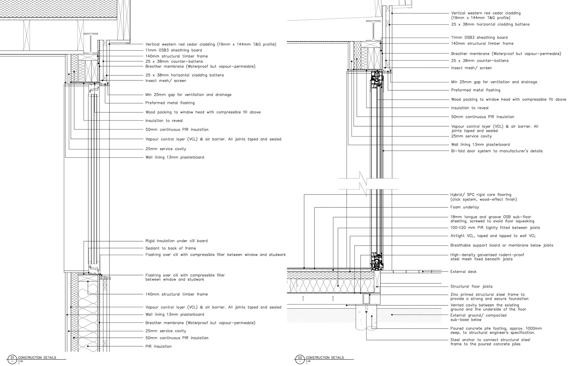 Technical wall, window and floor construction details for the garden studio