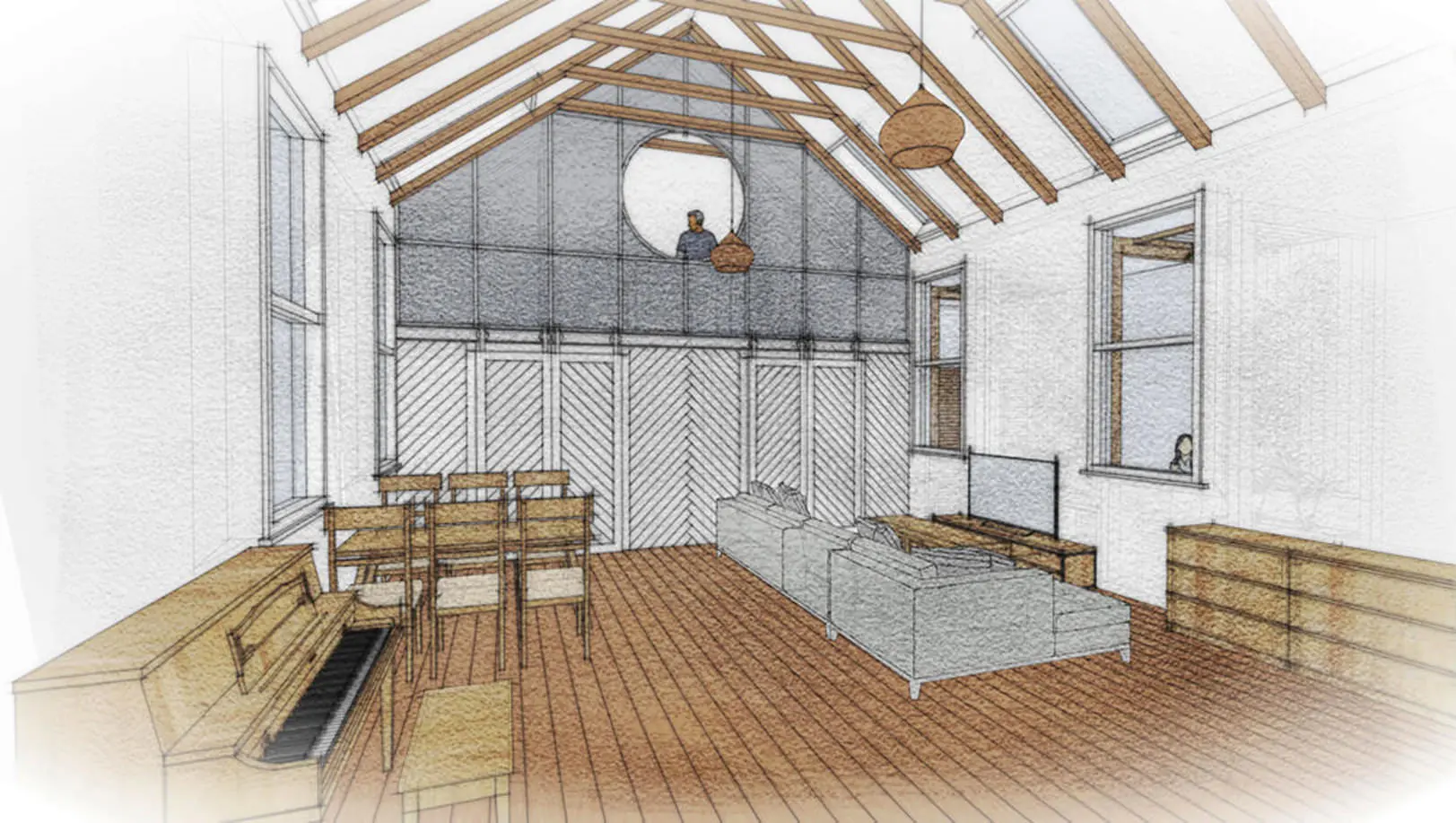 Interior perspective of the flexible living and dining space beneath retained timber roof trusses